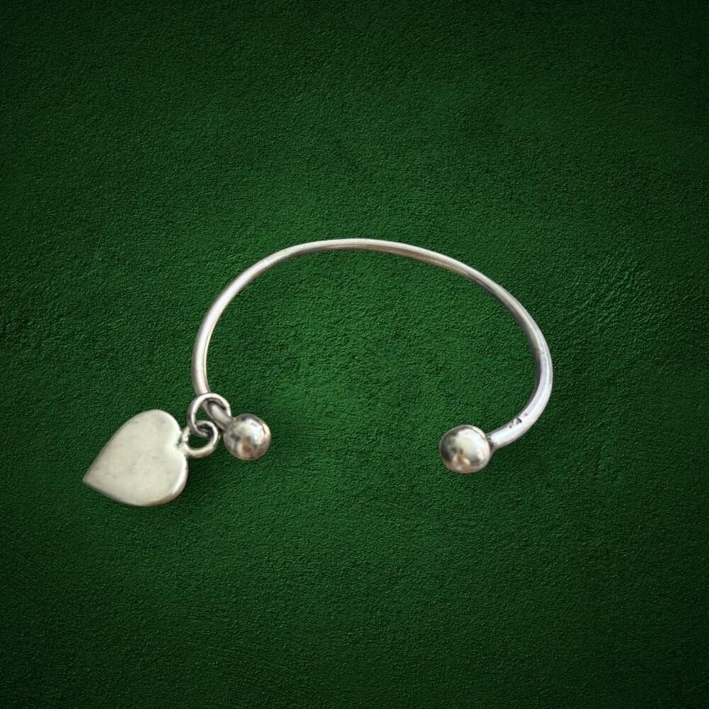 Sterling Silver 925 Open Cuff Bangle Bracelet Heart Charm 13.3g